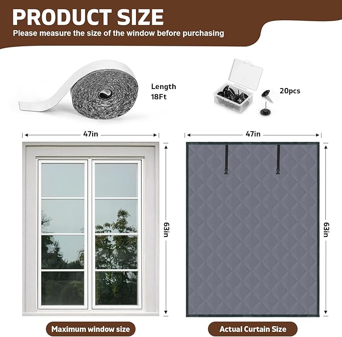 Window Insulation for Winter 3 Layer 63" x 47" Oxford Thermal Insulated Window Curtain Gray Window Insulation Kit Keeps Your Home Warm Insulated Window Cover Window Cover for Winter
