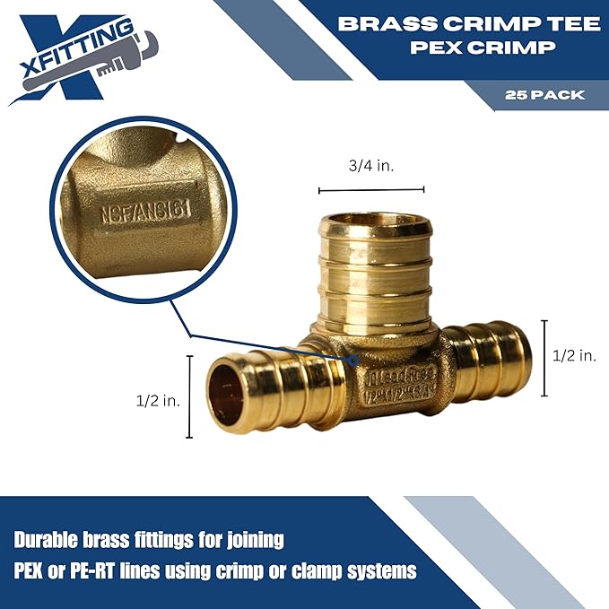 XFITTING 1/2 inch x 1/2 inch x 3/4 inch Pex Tee, Pex B Reducing Tee Crimp Version 25-1-2=5X, 5 Pieces