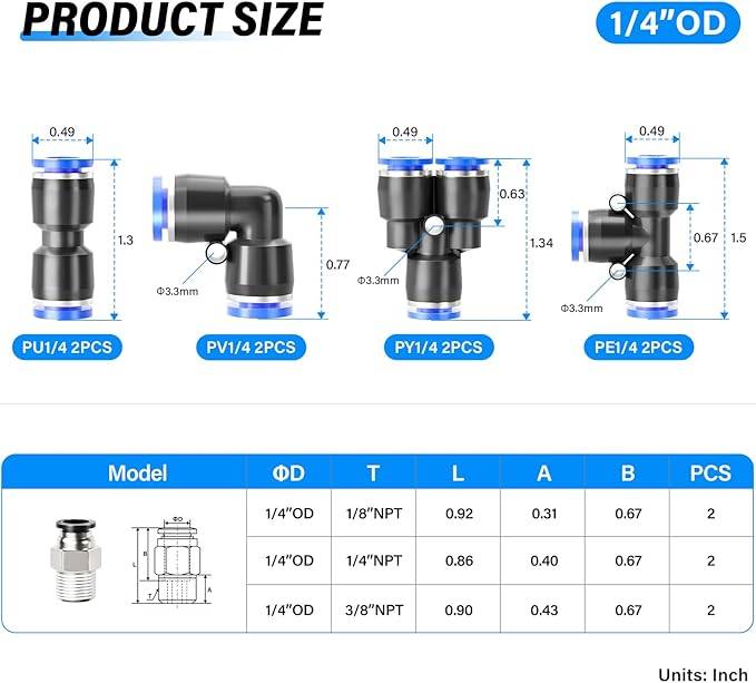 TAILONZ PNEUMATIC 1/4 Inch od Push to Connect Fittings Pneumatic Fittings Kit 2 Spliters+2 Elbows+2 tee+2 Straight +6 Male Straight NPT Thread(14 PCS)