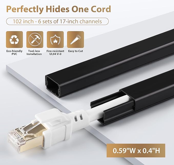 ZhiYo Cord Hider for One Wire, 102in Cable Hider Concealer, Paintable Wall Wire Covers, PVC Cable Management Raceway for A Thick Extension Cord, 6 x L17in W0.59 H0.4in, Black