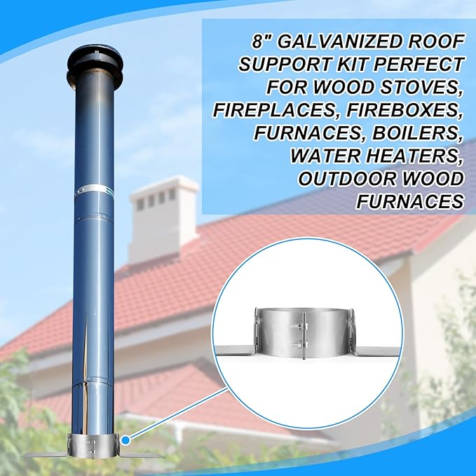 Hicarer 8" Galvanized Roof Support Kit, Stove Pipe Bracket Hanger Flange Chimney Part Clamp Adjustable Roof Support for Double Wall Insulated Chimney Pipe, Galvanized Steel