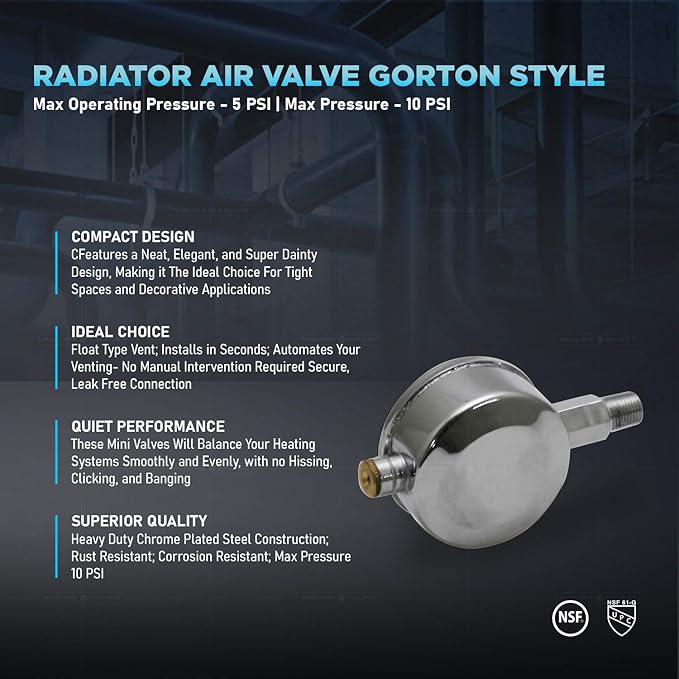 MIDLINE VALVE 1/8 Inch Air Vent No. C, 1/8" Straight Steam Air Vent, Radiator Air Valve, Chrome Plated