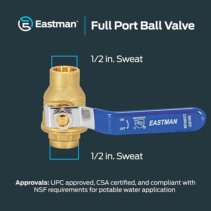 Eastman Heavy Duty Full Port Brass Ball Valve, 1/2 in Sweat x 1/2 in Sweat Connection, 20061LF