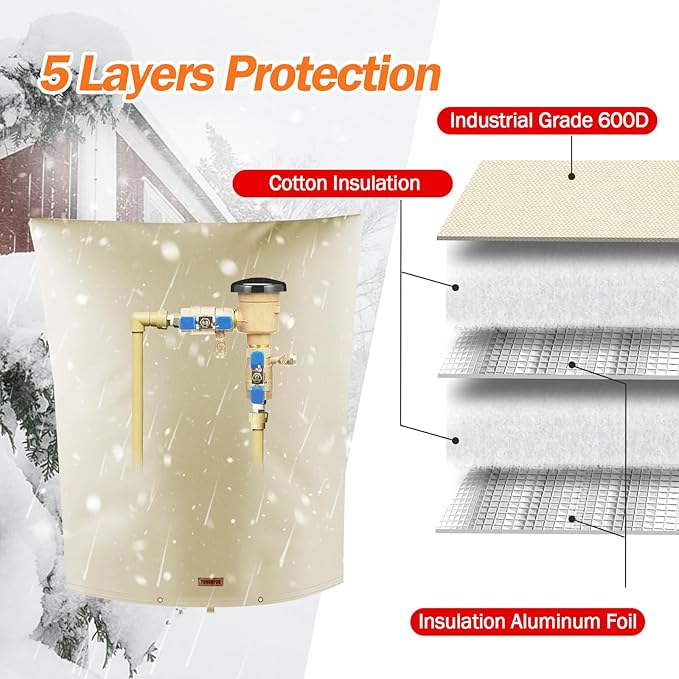 Backflow Preventer Pipe Insulation Cover (5°F) - Irrigation Sprinkler Valve Insulated Pouch - Water Well Pump Cover - Sturdy 5 Layers for Winter Freeze Protection, 26" W x 44" H, Beige