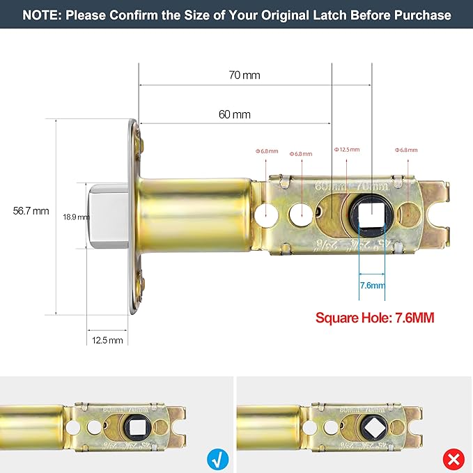 Satin Nickel Adjustable Door Latch 60 or 70mm, 45° Turning Angle, Door Lock Replacement Parts with Door Strike Plate, Wood Dowel, Dust-Boxes