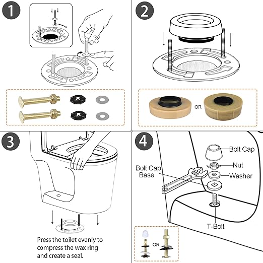 Jamini Wax Ring Kit for Toilet Installation, Compatible with 3" and 4" Drain Pipes, Fits Above-Floor or Horizontal Flanges, Leak Prevention, Includes Brass Bolts, Nuts, Washers, Easy to Install