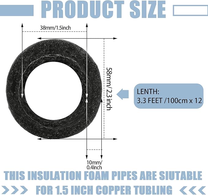Amylove 12 Pcs 3.3 Feet Foam Pipe Insulation Foam Tube Insulating Water Pipe Pool Swim Noodles Pre Slit Heat Preservation Pipes Covers for Tubing Outdoor Winter Freeze Protection(Black,1.5 Inch)