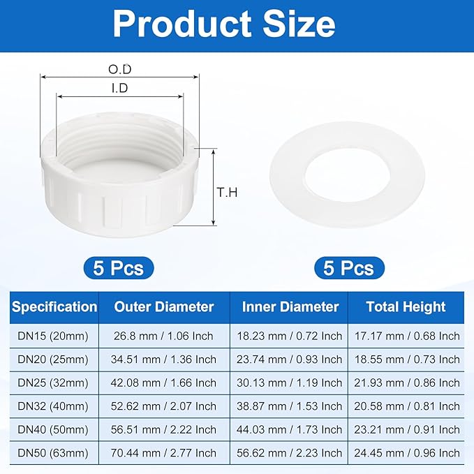 uxcell 5Pcs 1-1/2 Inch PT Female Thread PVC Pipe Fitting Cap, Cleanout Water Drain End Caps, Pipe Plug Socket Fittings with Gasket for Water Heater Supply Lines, Plumbing, White