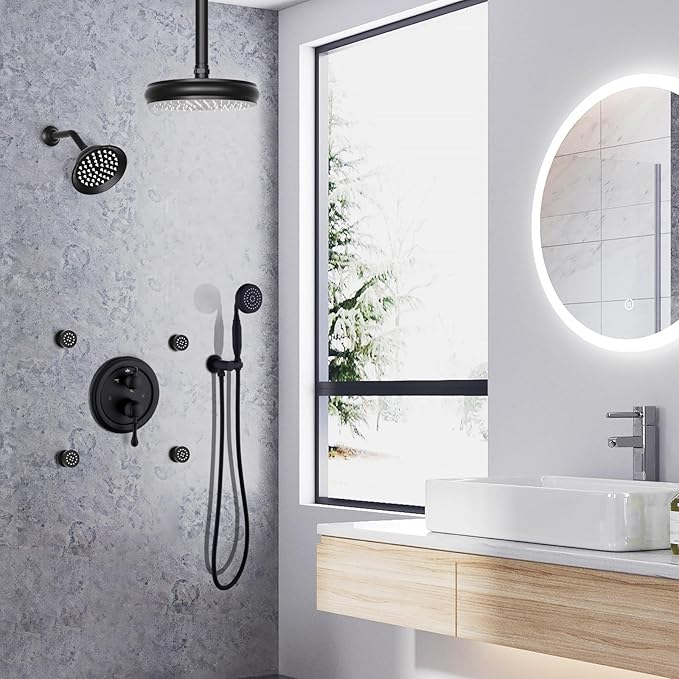 Enga Antique Shower Faucet Sets Dual Heads with 4 Body Jets, 8" + 6" Ceiling & Wall Mount Vintage Shower Head with Handheld Spray Combo, 4 Way Diverter Brass Valve, Matte Black