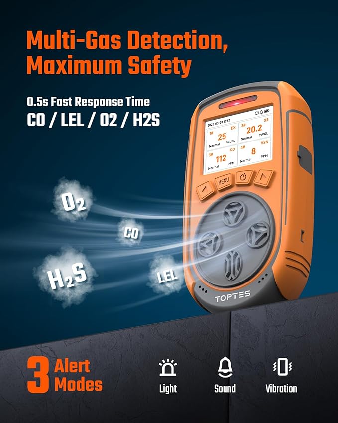 TopTes Guard-863Pro 4 Gas Monitor Multi Gas Detector for H₂S, CO, LEL, and O₂, with TFT Color Screen, Upgraded O₂ Sensor (5-Year Lifespan), USB Data Export, 18h Battery Life, Reliable for Work & Home