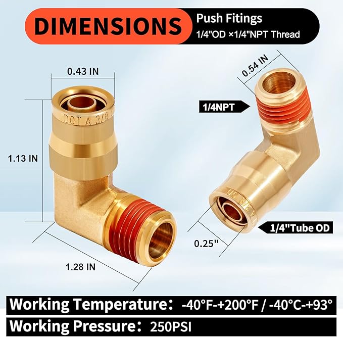 1/4 Brass Push to Connect Fittings 1/4" OD x 1/4" NPT Thread Male Elbow DOT Approved Air Brake Quick Connect Fittings Air Line Suspension Kit for Truck Trailers and Air System 5Pcs