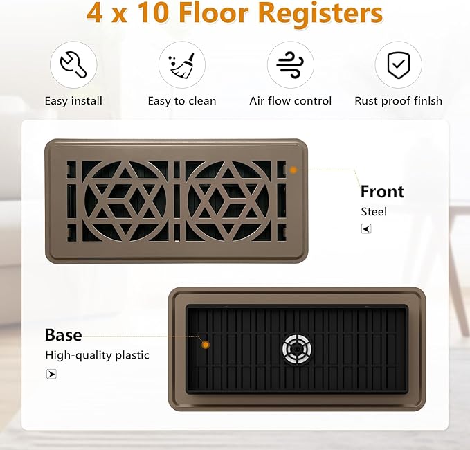 2 Pack Floor Vent Covers, Floor Register 4x10, Heavy Duty Walkable Steel Vent Cover, Adjustable Decorative Vent Covers for Home Floor Ceiling or Sidewall Vent, Rust-Proof Finish (Brown)