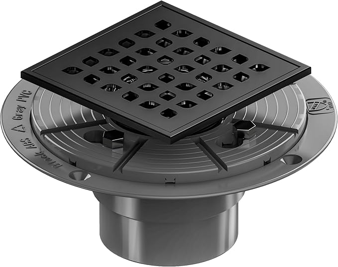 Neodrain Square Shower Drain,4 inch Black Stainless Steel 304 Grate and PVC Drain Body, Grate with Kit Includes Hair Trap/Strainer,Lifting Hook and PVC Drain Base