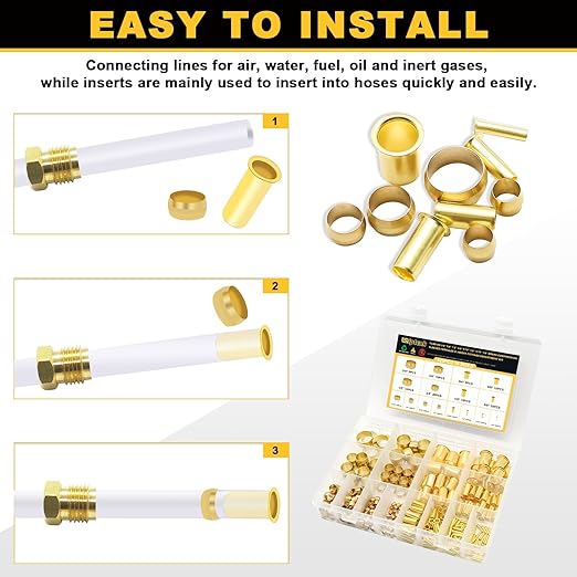 Siptenk 320PCS Brass Compression Sleeves Ferrules Inserts Fittings Assortment Kit for Tube OD 3/4" 5/8" 1/2" 3/8" 5/16" 1/4" 3/16" 1/8", 8 Sizes Air Brake Fittings for Air Water Fuel Oil