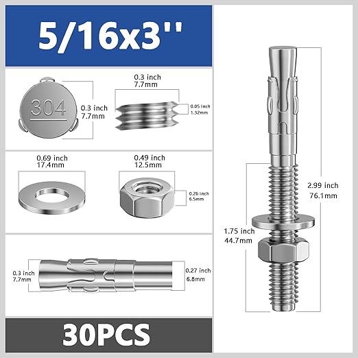 30Pcs 5/16x3 Inch Standard Fasteners for Heavy-Duty 304 Stainless Steel Wedge Anchors for Cement and Concrete