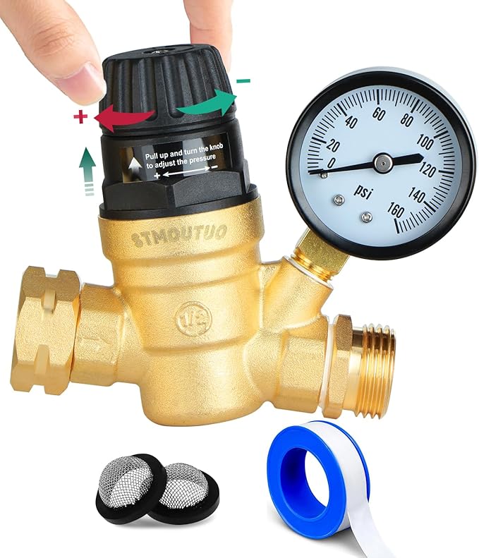 RV Water Pressure Regulator for RV Camper. Brass Lead-Free Adjustable Camper Water Pressure Regulator with 0-160 PSI Gauge ，Reducer Valve W Filter，Package includes 1 raw tape for water pipes.