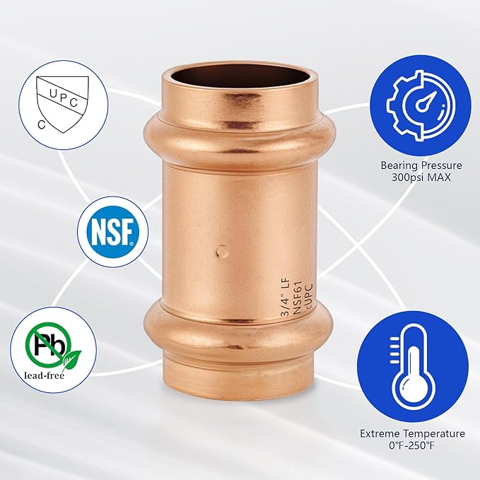 Copper Press Fittings 3/4 Inch Coupling with Stop No-Lead Plumbing Pipe Connector | Compatible with Copper Pipes, Water Supply & Hydronic Heating Systems | Durable Press Fit Design,4-Pack