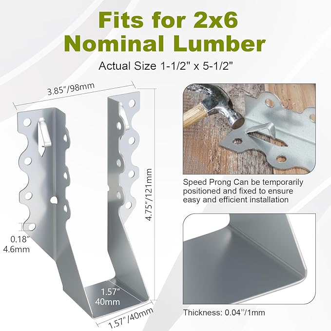 25 Pcs 2x6 Joist Hangers for Wood, 20 Gauge Galvanized Face Mount Joist Hanger, Hurricane Tie Brackets for Deck, Floor, Ceiling, Roofs – Sliver