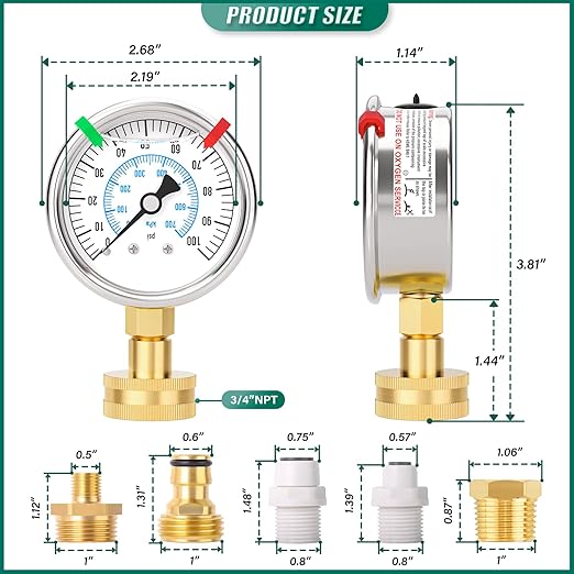 0-100PSI Stainless Steel Water Pressure Gauge Kit, 2.5" Dial Size, 3/4" Brass Female Lower Mount, with Sealing Ring, Plus 5 adapters, for Checking Gardens, Water Pipes, Multiple Systems