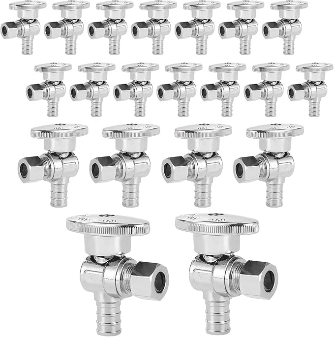 (Pack of 20) Seelink Pex Crimp 1/4 Turn Angle Stop Valve, 3/8" OD Compression x 1/2" Pex Barb Crimp (F1807), Chrome Plated Brass(VALVE076-20Pack)