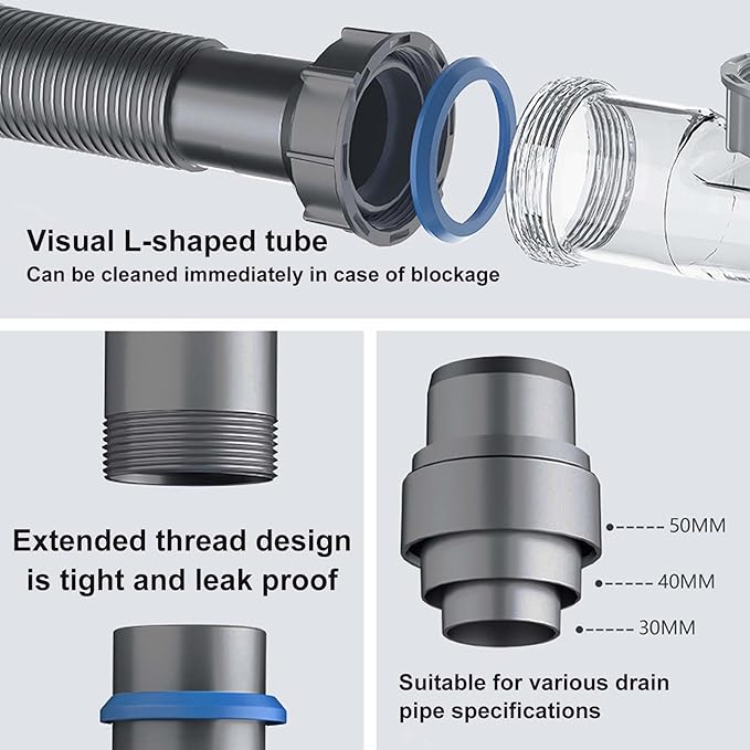 Single Sink Kitchen Sink Drain Kit Space Saving Flexible Drain Pipe Flexible P-Trap Drain Strainer with 3-1/2 Inch Sink Drain Assembly Kit 304 Stainless Steel