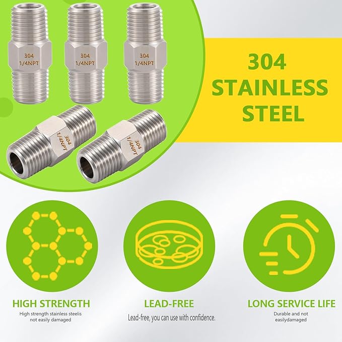 2PCS Hex Nipple 1/4" x 1/4" Male Pipe Fittings, 304 Stainless Steel 1/4 inch NPT Threaded Pipe Adapter Fittings, Male Straight Connector Pipe Fitting