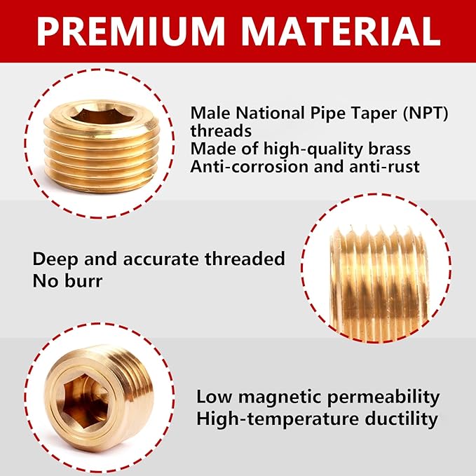 8PCS Brass Pipe Plug Fitting 1/2" NPT Male Plug Hex Counter Sunk Plugs,Internal Hex Thread Socket Pipe Plugs Kit