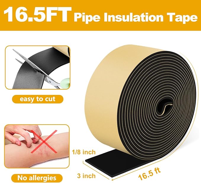DEMEDO Pipe Insulation Tape, Pipe Wrap Insulation Foam Tape Self Adhesive, Outdoor Water Pipe Insulation Roll for HVAC, AC Line Insulation, 3 inch x 16.5 FT Heat Tape for Water Pipe, Black
