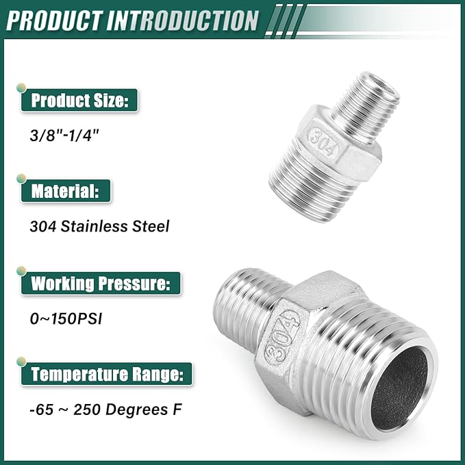 10PCS 304 Stainless Steel Reducing Hex Nipple, 3/8" x 1/4" Male NPT Straight Head Pipe Adapter Fittings, Reducer Nipples Connectors for Oil, Water Line, Gas