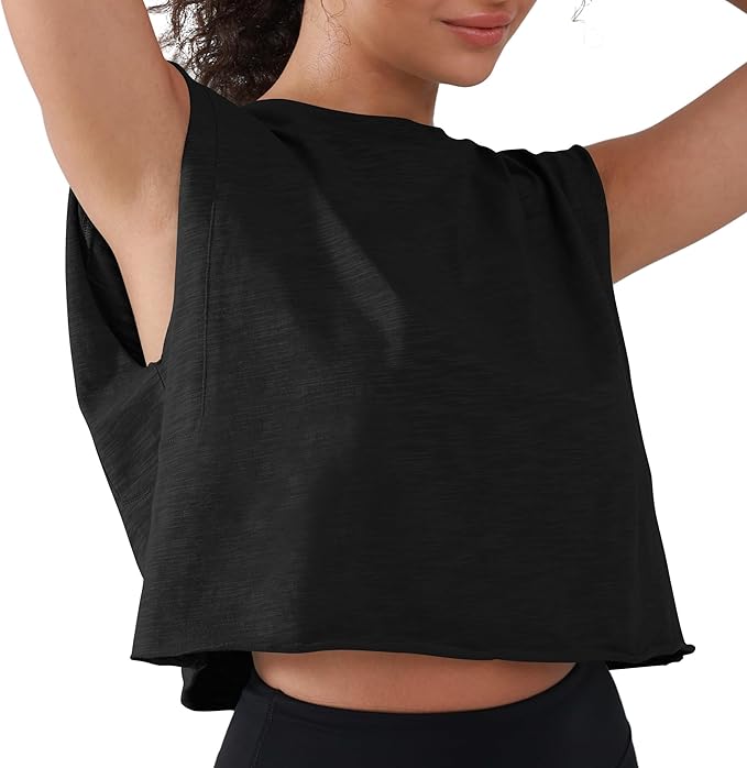 Women’s 100% Cotton Cropped Workout Tank Tops Soft Breathable Loose Fit Muscle Tank for Gym Yoga Running