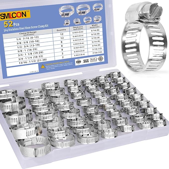 52 PCS Hose Clamp Assortment Kit - 304 Stainless Steel Worm Gear Hose Clamps Adjustable 1/4''- 1-1/2'' (6-38mm) Metal Fuel Line Clamp for Plumbing,Automotive And Mechanical Applications