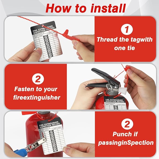 50 Sets 2025–2028 Fire Extinguisher Tags Aluminum Metal Inspection Record Tags 2.2 x 3 Inch with Hole Puncher & Numbered Security Zip Ties for Monthly Fire Extinguisher Inspection Indoor Outdoor
