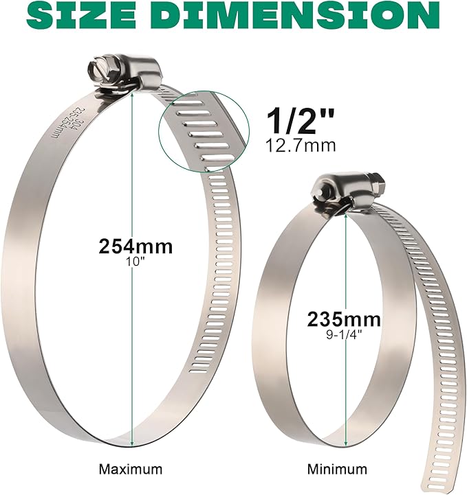 10Pack 10 inch Hose Clamp,Stainless Steel Large Hose Clamps Adjustable from 9-1/4"-10"/235-254mm,Metal Worm Drive Gear Duct Clamp for Air Ducting,Dryer Vent Hose,Fuel Line,Plumbing,Automotive