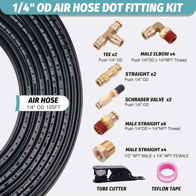 100FT 1/4 Air Hose Brass Fittings Kit 22pcs 1/4" OD Quick Push to Connect DOT Brass Fittings 1/4 SAE J844 PA12 Nylon Air Line Tubing with Cutter for Air Suspension Kit Trailer Brake System