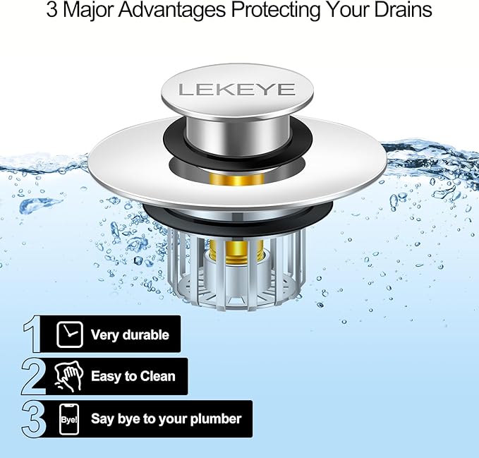 LEKEYE Tub Stopper | Shower Drain Hair Catcher | Pop-up Drain Stopper with Strainer | Bathroom Bathtub Plug | Drain Protector for 1-1/2 to 1-3/4" Bath Drain Hole - Pearl Chrome