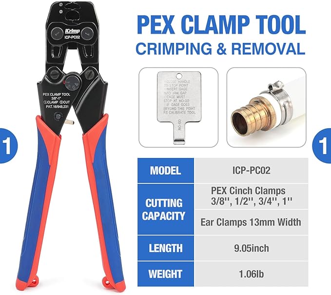 iCrimp PC-PC02KIT PEX Clamp Crimping Tool Kit with 1/2 inch(20 Pack) and 3/4 inch(10 Pack) PEX Clamp Rings, Pipe Cutter for PEX and Automotive Clamp Cinch and Removal