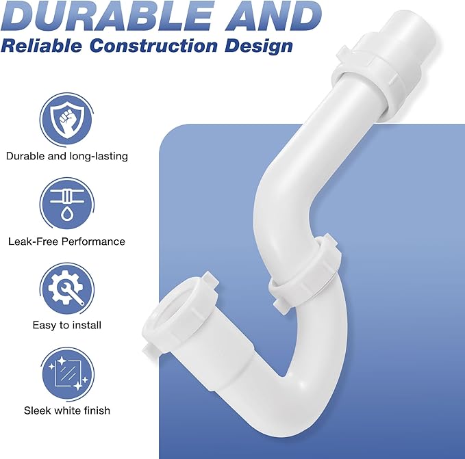1-1/2 Inch P-Trap Kit, Polypropylene Tubular with PVC Marvel Adapter, Ribbed Threaded Nuts for Strong Leak-Free Connection, Includes J-Bend, Wall Arm & Washers, Made in USA