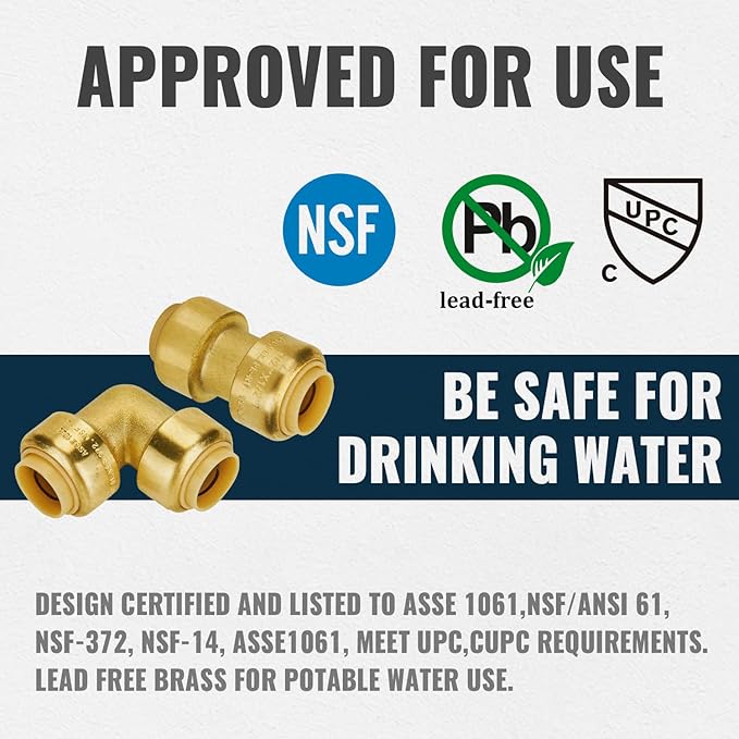 SUNGATOR Push Fittings 1/2 Inch, Straight Coupling (5 PCS), 90 Degree Elbow (5 PCS), No Lead Brass Plumbing Fittings for Pex Pipe, Copper, CPVC, with 1 Disconnect Clip, Pack of 10