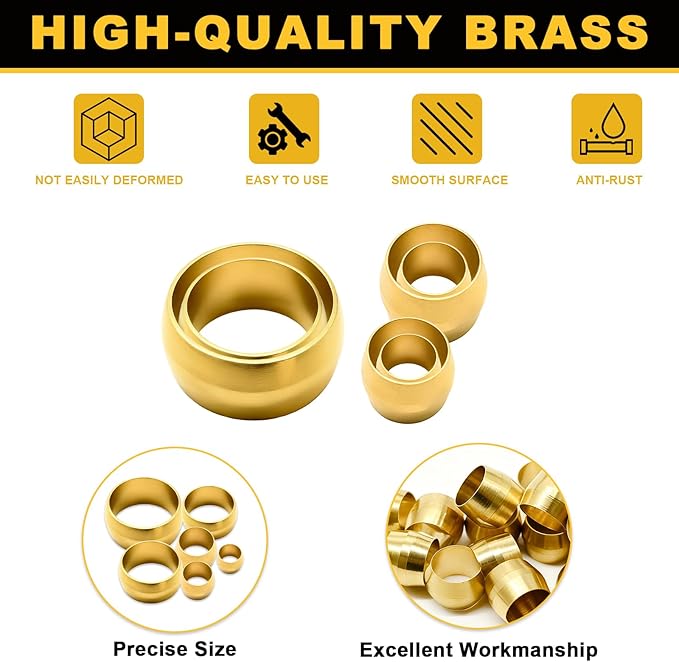 Siptenk 50PCS Brass Compression Sleeves Ferrules for Tube OD 1/2", Hose Compression Fitting Brass Ferrule for DOT Air Brake Lines, Water, Fuel, Oil