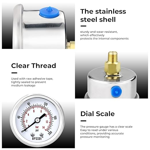 0-200 Psi Low Pressure Gauge, 2" Dial Size, 1/8 NPT Back Mount, Stainless Steel Case for Water Pressure Gauge Test for Water Pipe, HVAC(with Tape)