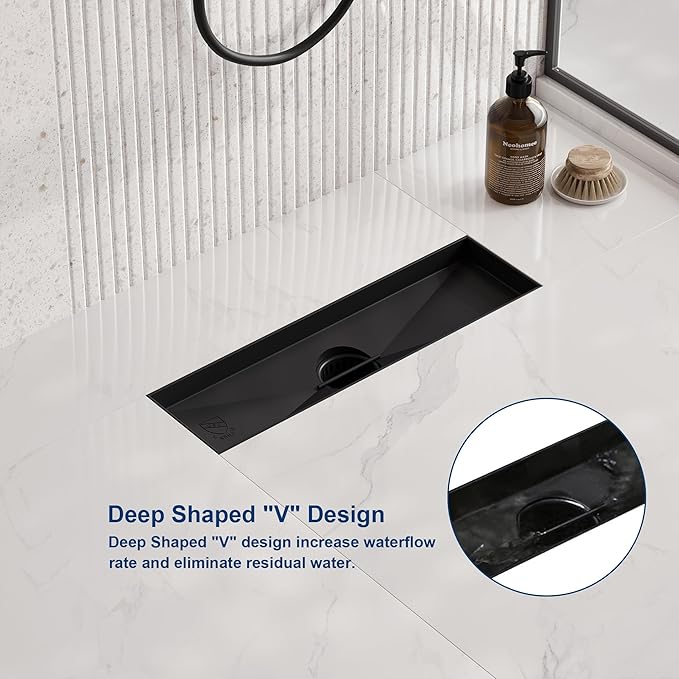 Neodrain 12 in Matte Black Linear Shower Drain- with 2-in-1 Flat & Tile Insert Cover, 304 Stainless Steel Rectangle Shower Floor Drain,Floor Shower Drain