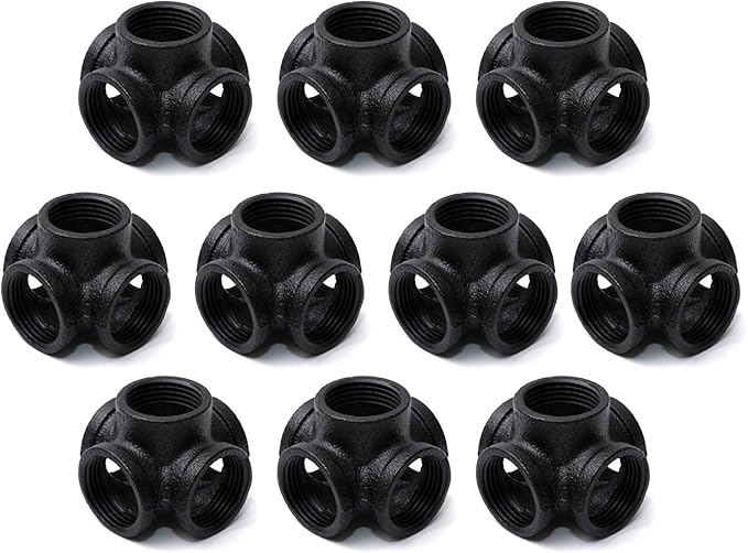 3/4" Black 5-Way Side Outlet Tee, Home TZH 10-Pack 5-Way Corner Black Malleable Cast Iron Pipe Fitting for Industrial Pipe, Furniture and DIY Decoration (10, Black 3/4 Inch)