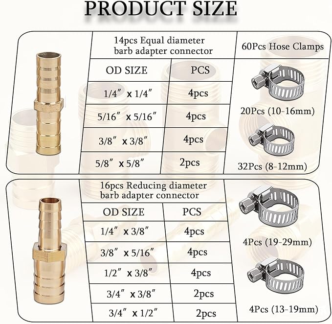 30PCS Brass Hose Barb Fittings, Barb Fitting Metals Splicer Mender, Barbs Splicer Mender Hose Fittings with 60Pcs Stainless Steel Pipe Hose Clamps for Air/Fuel/Water/Oil Hose