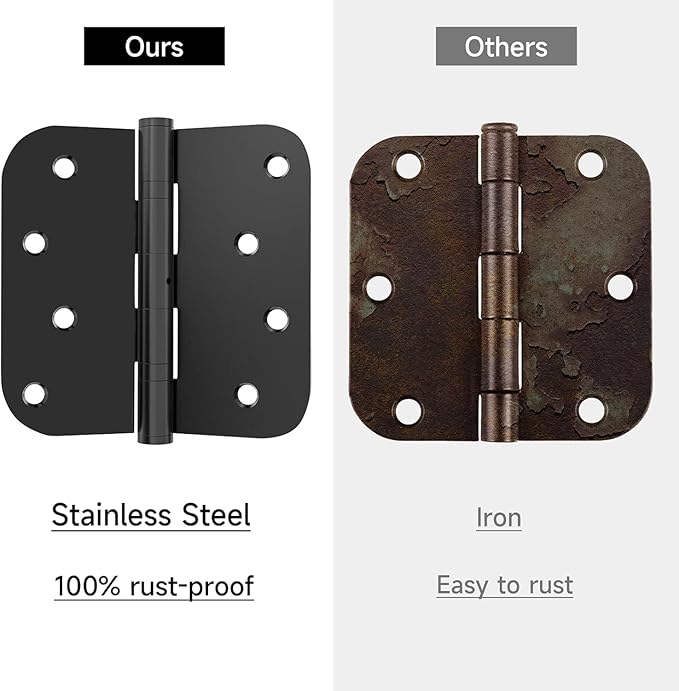 Hinge, 4pack Heavy Duty Matte Black Door Hinges, 4 Inch Ball Bearing Interior Door Hinges with 5/8'' Round Radius Corner - Stainless Steel