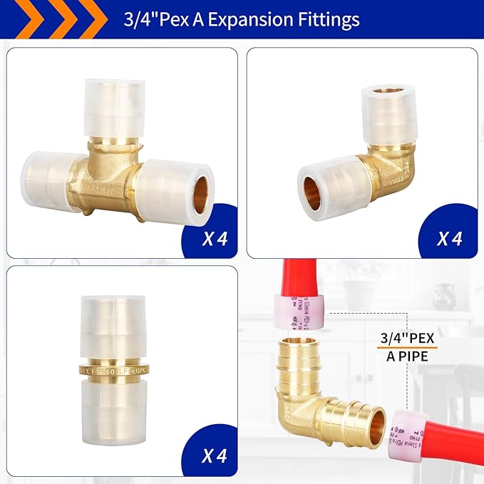 (Znkiok® 12Pack Set) 3/4"Pex-A Combo Fittings Set, 4 Each 3/4"Elbow Tee Coupling Heavy Duty Brass Expansion PEX-A Fittings, NSF/ANSI 61, ASTM F1960 Certified,Long Service Life,Lead-Free Brass.