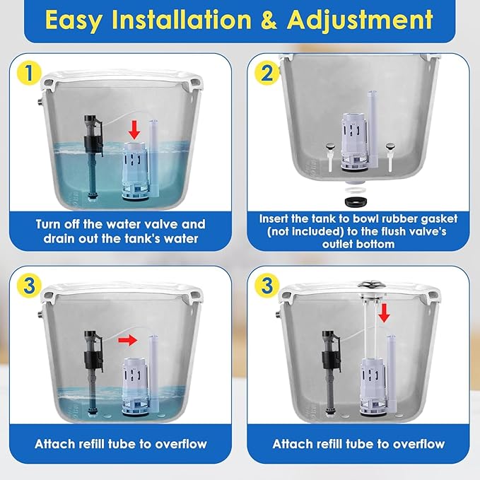 Saillong 1 Pack 3 Inch Universal Toilet Tank Replacement Kit, Include Dual Flush Valve with Push Button, Toilet Fill Valve, Bowl Gasket and Plastic Bolts, Tank Parts Replacement for 2-Piece