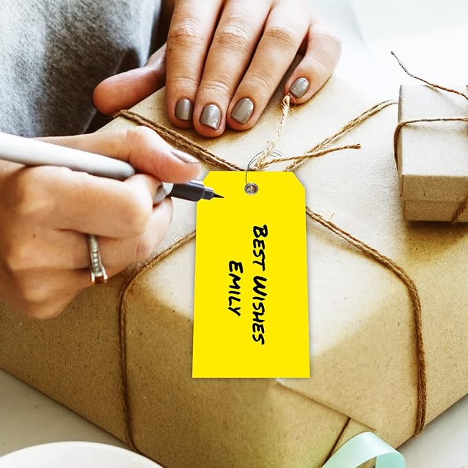 SmartSign Pack of 100 Yellow Plastic Tags with Wires, 4.75 x 2.375 inch, Metal Eyelet, 10 mil Tear-Proof Polylith Plastic Size 5, Writable