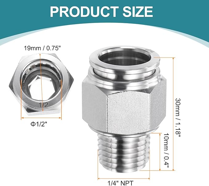 HARFINGTON Push to Connect Fittings 1/2" Tube OD x 1/4" NPT Thread Male Straight Union Fittings 304 Stainless Steel Quick Connect Pneumatic Accessories for Trailers Air Brake System