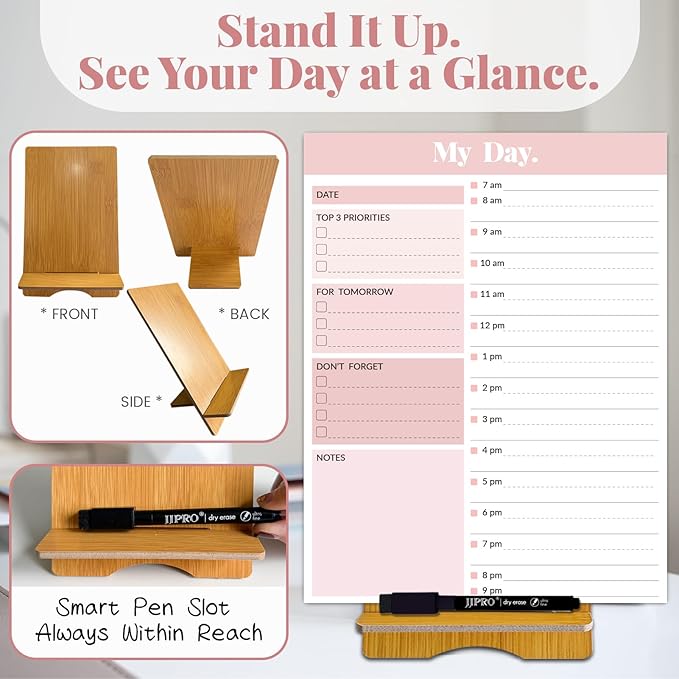 JJPRO Reusable Desktop Daily Planner with Stand,Hourly Dry Erase Board,11"x8.5"Schedule Board,Dry Erase Time Schedule with Time Slots, Desk Hourly Dry Erase Board w/Engineered Wood Stand-Pink