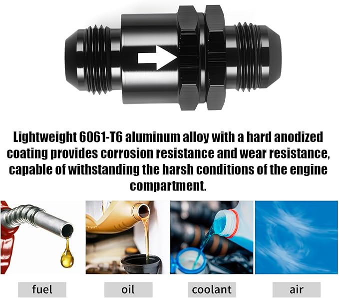 AN8 One Way Non Return Check Valve 8AN to AN8 Male Flare Inline Fitting Aluminum Black 2PCS